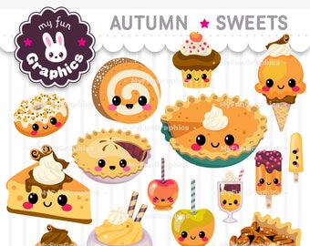 Autumn Sweets Kawaii Clip Art, Fall Desserts Cute Clipart