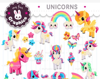 Unicorns Kawaii Clipart, Cute unicorns clip art