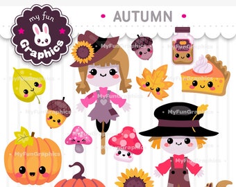 Autumn Kawaii Clip Art, Fall Cute Clipart