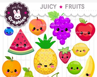 Juicy Fruits Kawaii Clip Art, Fruits Cute Clipart, Cute Fruits