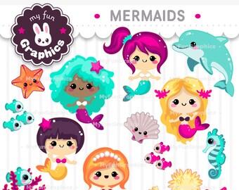 Mermaids Kawaii Clip Art, Cute Mermaids Clipart