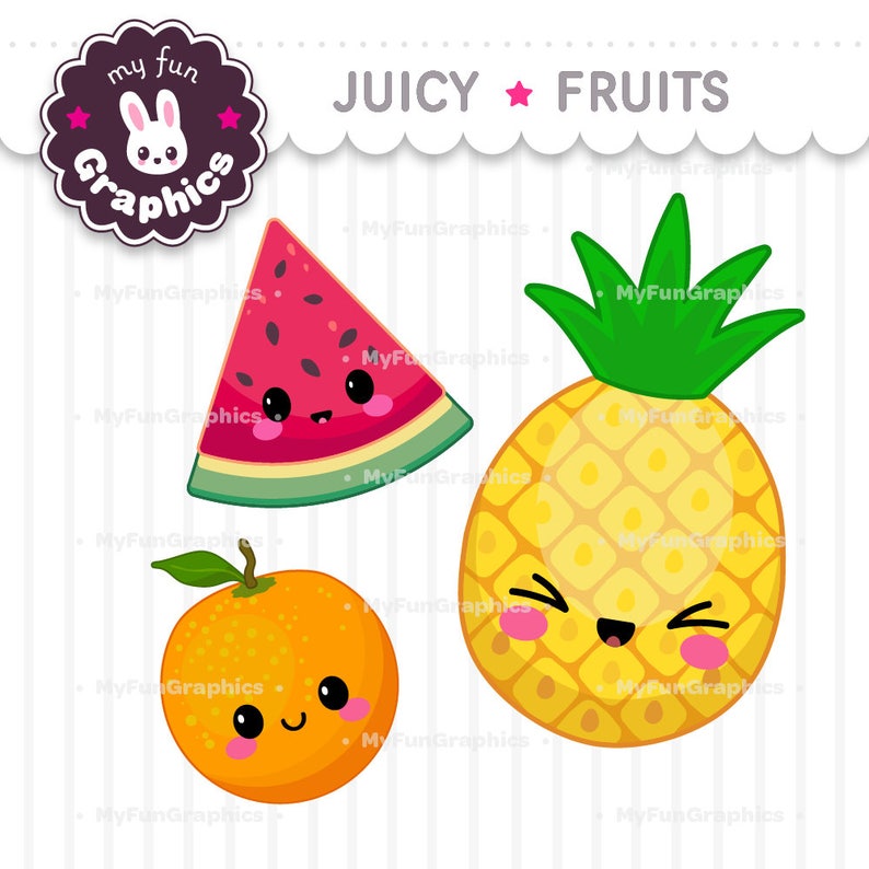 Juicy Fruits Kawaii Clip Art, Fruits Cute Clipart, Cute Fruits - Etsy