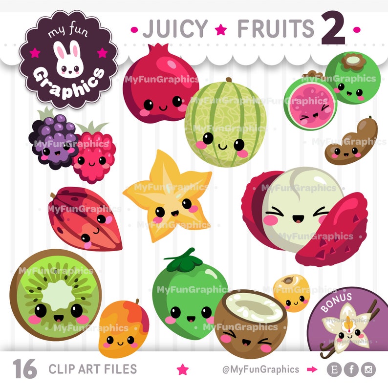 Juicy Fruits 2 Cute Kawaii Clipart - Etsy