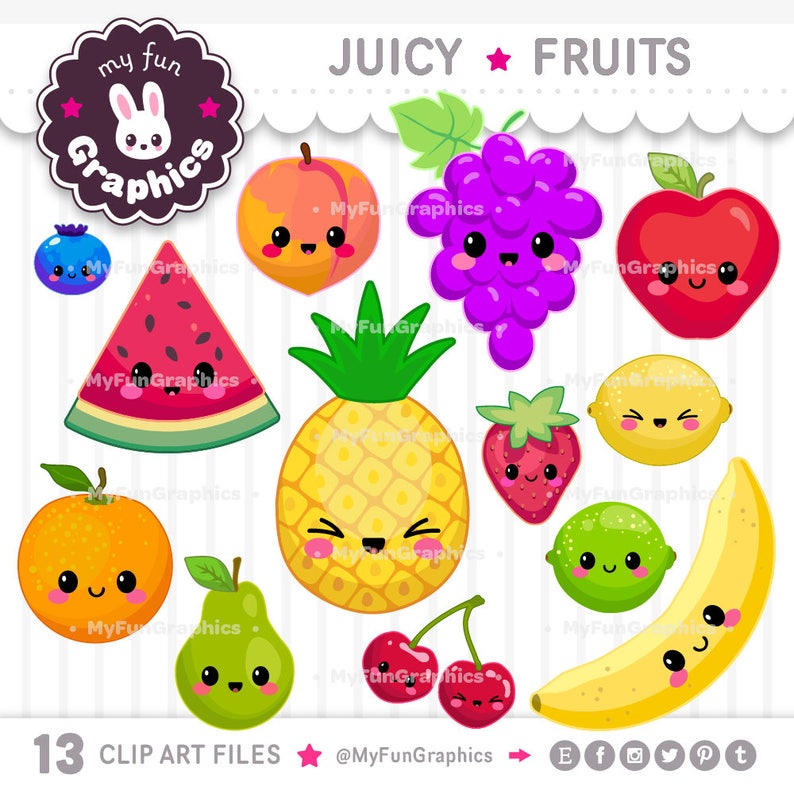 Juicy Fruits Kawaii Clip Art, Fruits Cute Clipart, Cute Fruits image 1