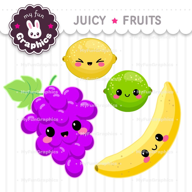 Juicy Fruits Kawaii Clip Art, Fruits Cute Clipart, Cute Fruits image 3