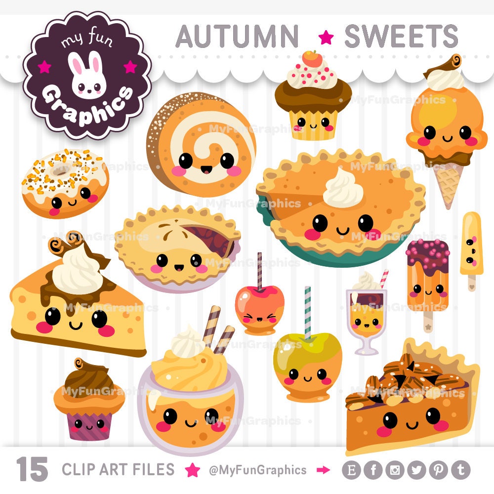 Autumn Sweets Kawaii Clip Art Fall Desserts Cute Clipart | Etsy