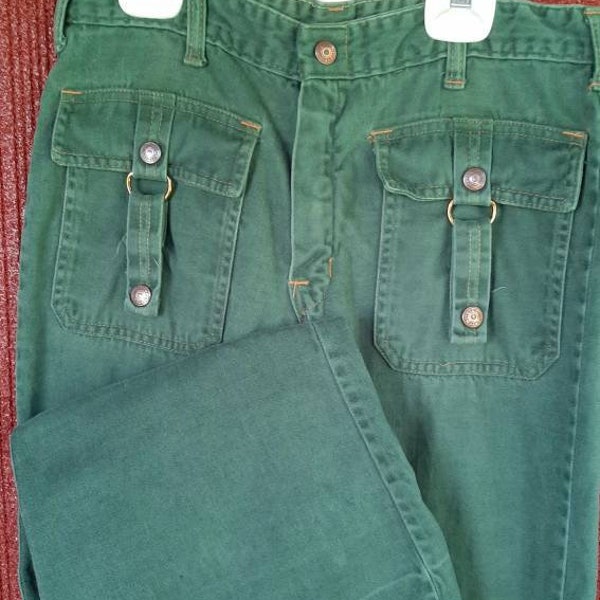 Vintage 1970s green jeans flares orange stitches Gaslight Gamblers snaps buckles waist 28" rise 11"