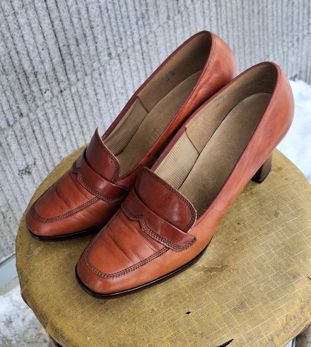 Vintage 1970s Socialite Brown Leather High Heel Shoes Pumps Size 9 ...