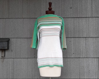 Vintage 1970s unworn sweater green brown white stripes Queen's Way bust 31" small