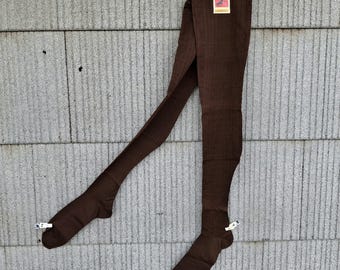Medias marrones Burson vintage de los años 20 y 30, sin usar, con costura parcial y etiqueta original.