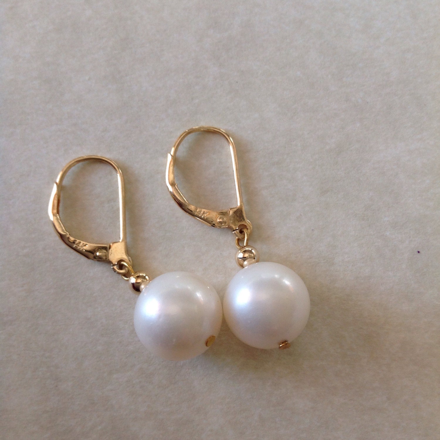 11mm Natural Akoya White Pearl 14K Yellow Gold Leverback Earrings AA