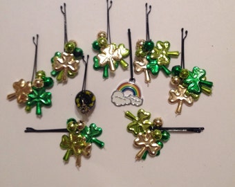 Beard Art Baubles St Patrick's Day Shamrock Hipster Gift Set 9 High Gloss Handmade Baubles with Ultra Mini Pins