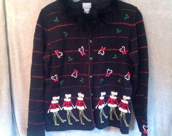 Vintage Ugly Christmas Sweater Party Hand Made Beaded Embroidered Sweater Upcycled Button Cardigan Sweater