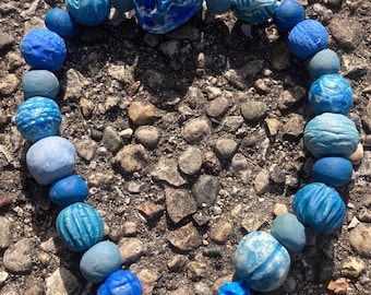 23 Hand Sculpted Blue Stoneware Ceramic Beads Made by Angela