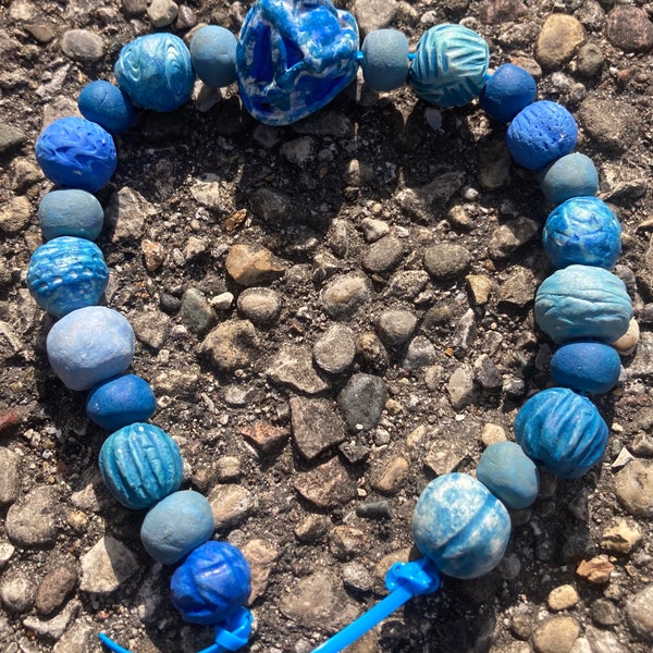 23 Hand Sculpted Blue Stoneware Ceramic Beads Made by Angela