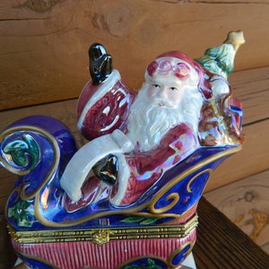 Vintage Porcelain Santa in Sleigh Hinged Trinket Box - Avon