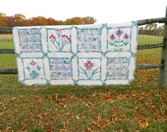 Vintage Handmade Blue Floral and White Quilt - Fair Condition