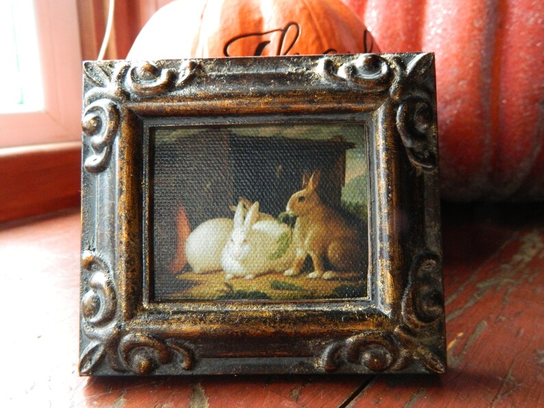 Two Rabbits in the Yard Mini Print -decorative Bronz Frame With Wall ...