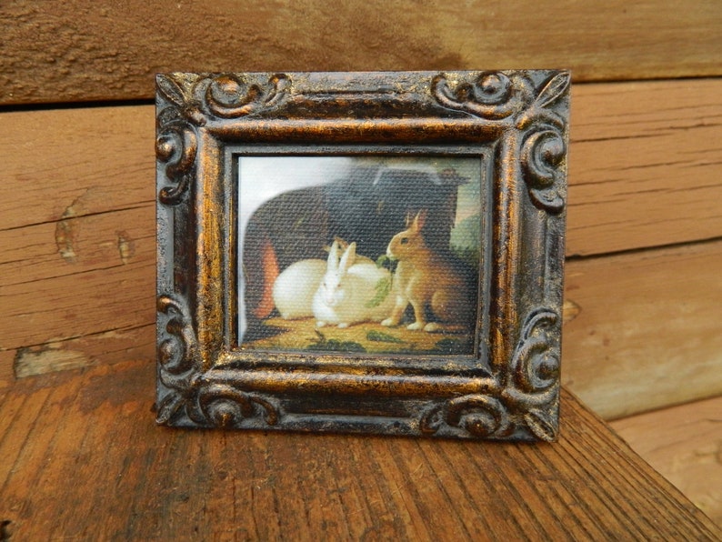 Two Rabbits in the Yard Mini Print -decorative Bronz Frame With Wall ...