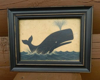 Lámina de ballena de arte popular - Impresión sobre lienzo - Marco de madera negra vintage