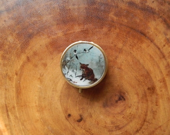 Pastillero con diseño de zorro retro invernal, con anillo de acero inoxidable