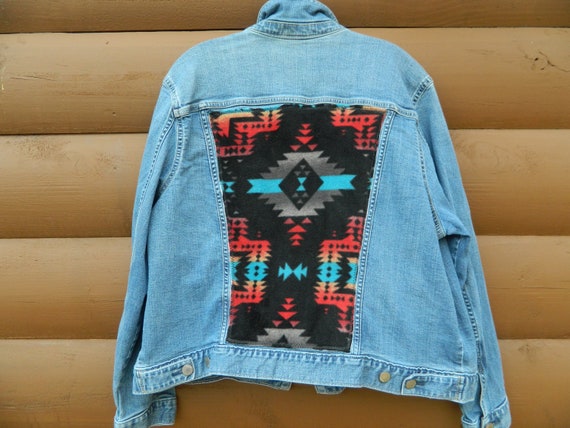 Vintage Western Denim Jacket, Upcycled Denim Jacket, Jean Jacket, Western Jean Jacket, Aztec Denim Jacket, Aztec Fleece Upcycled Jacket Vintage Western Denim Jacket, Upcycled Denim Jacket, Jean Jacket, Western Jean Jacket, Aztec Denim Jacket, Aztec Fleece Upcycled Jacket