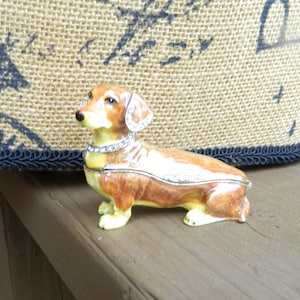 Dachshund Dog Trinket Box, Hand Painted Enamel with Crystals, Magnetic Closure