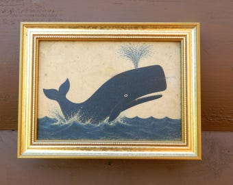 Folk Art Whale Print - Print on Canvas - Vintage Gold Wood Frame