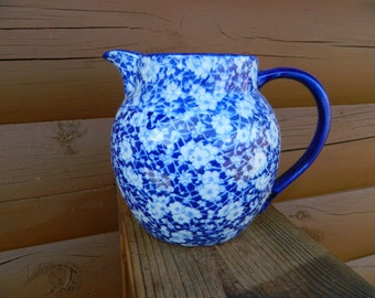 Blue Calico Chintz Large Pitcher with Handle, Ironstone - Made in England