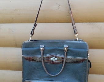 Vintage Brighton Mock Croc Embossed Black Brown Briefcase Laptop Messenger Bag