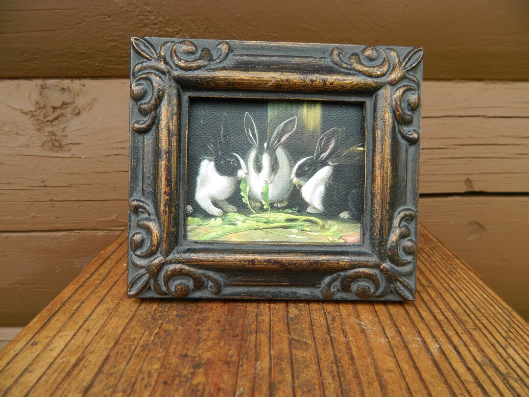 Three Rabbits Mini Print -decorative Bronz Frame With Wall Hanger and ...