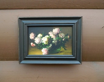 Pink Peonies Flowers Framed Oil Painting Print on Canvas in Distressed Black Wood Frame