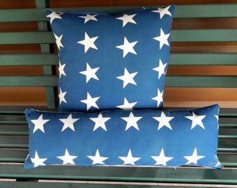 Cojín primitivo antiguo de estilo americano, patriótico, azul índigo con estrellas, 20 x 8
