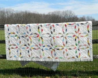 Colcha vintage hecha a mano con doble anillo de boda, patchwork de algodón, 78 x 87 pulgadas.