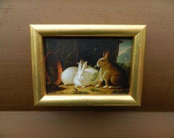 Two Rabbits in the Barnyard Mini Print - Vintage Gold Frame with Wall Hanger