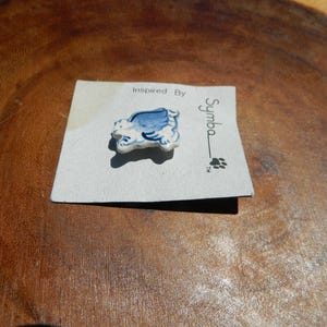 May include: A small, white and blue ceramic pin in the shape of a turtle, resting on a light gray card. The card has the text "Inspired By Symba" and a paw print logo. The pin is on a wooden surface.