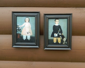 Vintage Pair of Primitive Prints - Folk Art Prints of a Boy and Girl