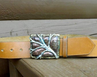 Vintage Handmade Brown Leather Belt - Copper and Brass Buckle - Made in USA Size 32