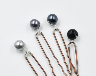 Black, Grey, Silver Mercury  Single  Pearls,  Hair Pin, Bridal Accessories  Wedding Hair Up