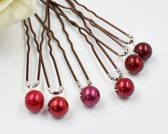 Red, Dark Red, Burgundy  Single  Pearls,  Hair Pin, Bridal Accessories  Wedding Hair Up