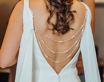 Bridal Back Jewellery, Back Necklace, Backdrop Pearl Crystals, Three Strand