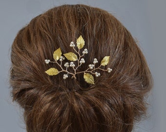 Gold Leaf Hair Pin, Bridal Hair Accessories, Silver or Rose Gold, Fall