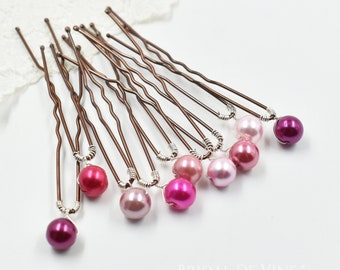 Pink, Cerise, Fuchsia Single  Pearls,  Hair Pin, Bridal Accessories  Wedding Hair Up