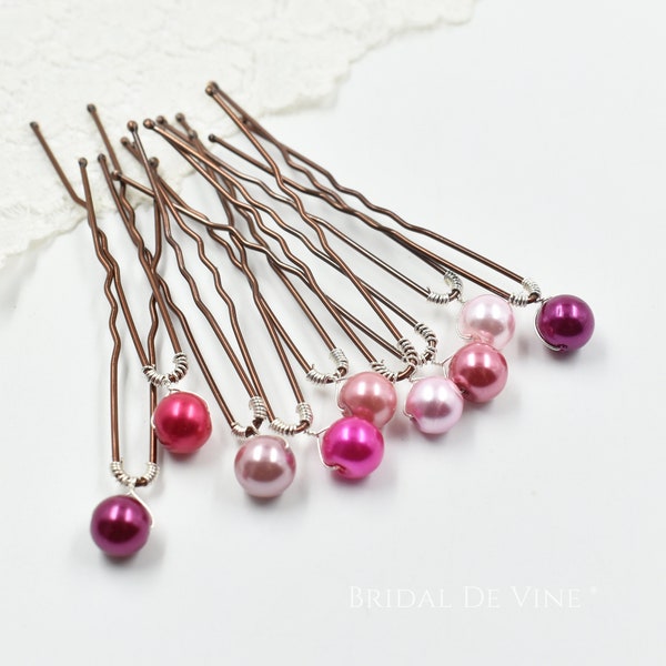 Pink, Cerise, Fuchsia Single  Pearls,  Hair Pin, Bridal Accessories  Wedding Hair Up