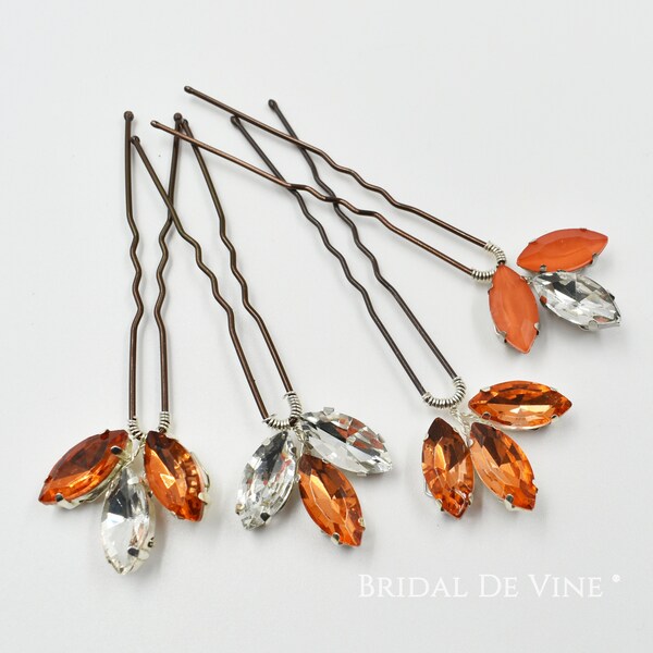 Orange  Tangerine, Burnt Orange Sparkly Rhinestone Bridal Hair Pin, Bridesmaids Hair Accessories