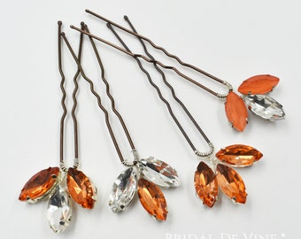 Orange  Tangerine, Burnt Orange Sparkly Rhinestone Bridal Hair Pin, Bridesmaids Hair Accessories