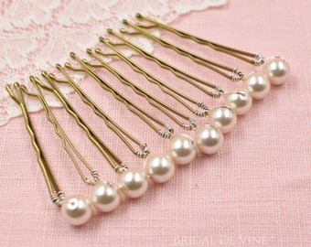 Set 5, or 10 Bridal Pearl Hair Bobby Pins, Quality Pearls, Ivory, White, Classic, Wedding Hair Grips 8mm