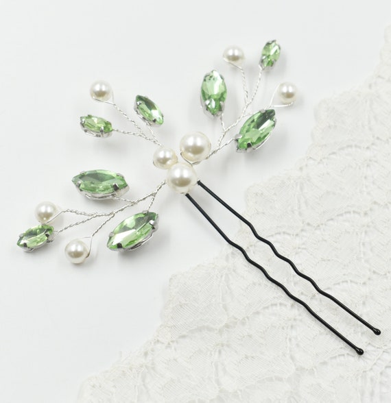 Green Rhinestone Bridal Hair Pins: Pearl Wedding Hair  display picture 2