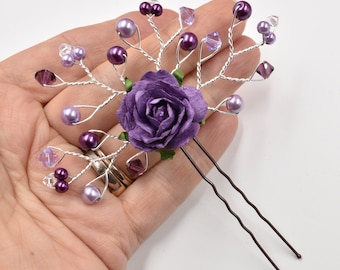 Pretty Dark Purple Aubergine Egg Plant  Mulberry Rose Flower Spray Hair Pin, Hair Accessory, Bridesmaids Hair Up