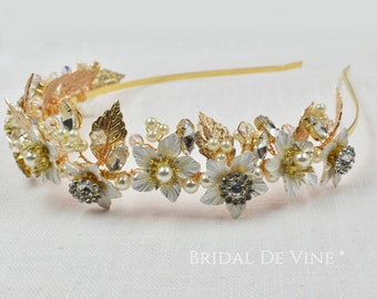 Bridal Gold Wedding Crown, Head Piece, Flower Tiara